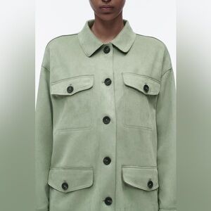 Zara Faux Suede Pocket Utility Jacket oversized shacket size XS sage green